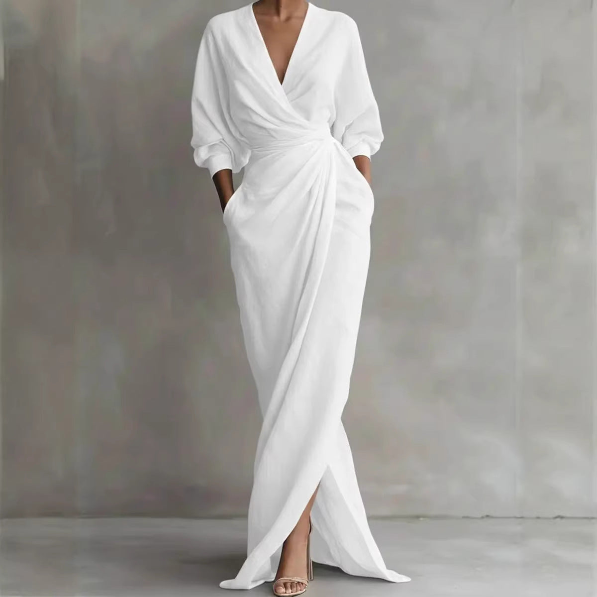 Women's Elegant Wrap Maxi Dress Long Sleeve V Neck Ruched Waist Split Evening Dress with Pockets - Seldom Seen Styles