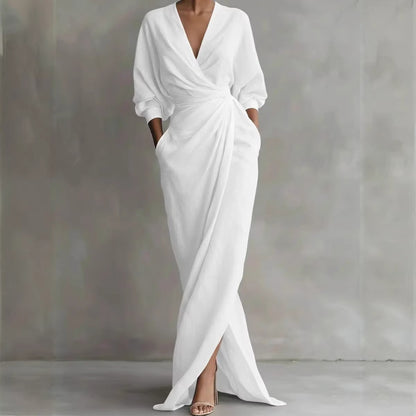 Women's Elegant Wrap Maxi Dress Long Sleeve V Neck Ruched Waist Split Evening Dress with Pockets