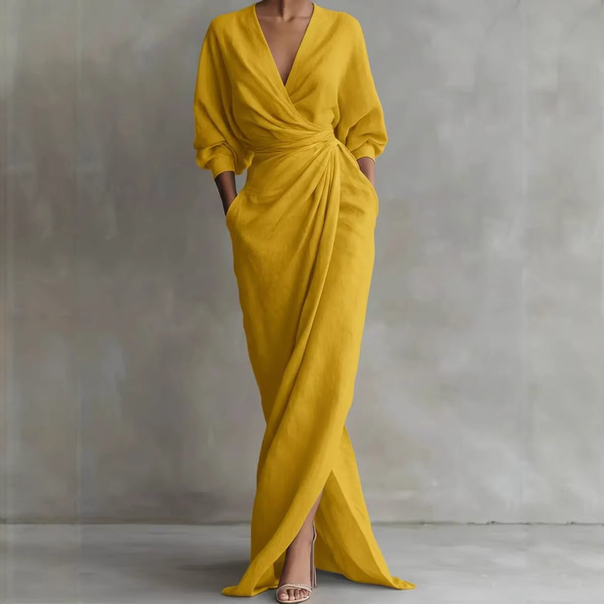 Women's Elegant Wrap Maxi Dress Long Sleeve V Neck Ruched Waist Split Evening Dress with Pockets - Seldom Seen Styles