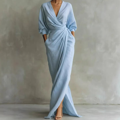 Women's Elegant Wrap Maxi Dress Long Sleeve V Neck Ruched Waist Split Evening Dress with Pockets