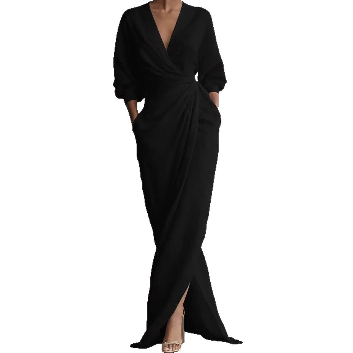 Women's Elegant Wrap Maxi Dress Long Sleeve V Neck Ruched Waist Split Evening Dress with Pockets - Seldom Seen Styles