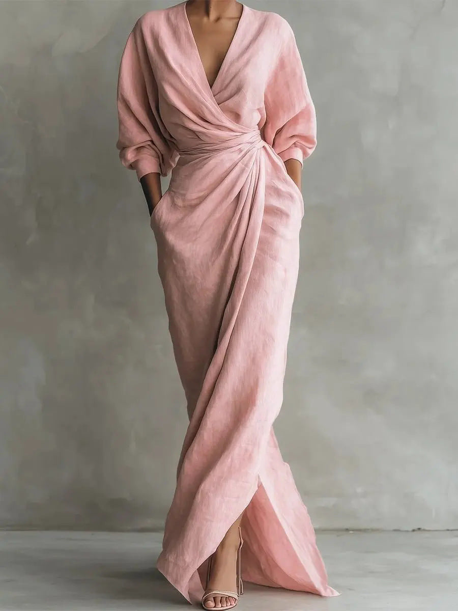 Women's Elegant Wrap Maxi Dress Long Sleeve V Neck Ruched Waist Split Evening Dress with Pockets - Seldom Seen Styles