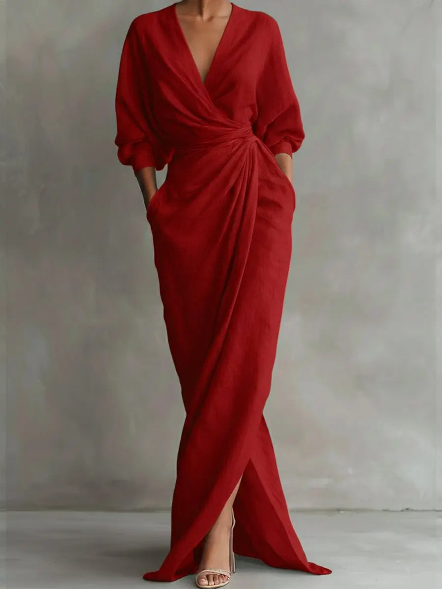 Women's Elegant Wrap Maxi Dress Long Sleeve V Neck Ruched Waist Split Evening Dress with Pockets - Seldom Seen Styles