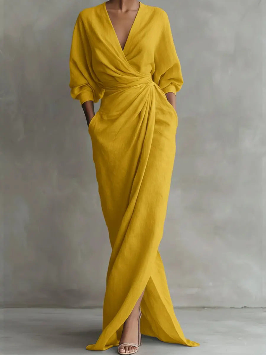 Women's Elegant Wrap Maxi Dress Long Sleeve V Neck Ruched Waist Split Evening Dress with Pockets - Seldom Seen Styles