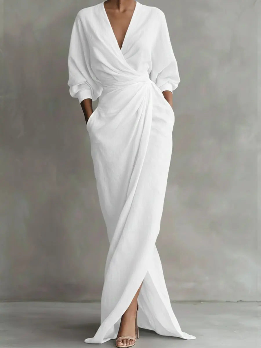 Women's Elegant Wrap Maxi Dress Long Sleeve V Neck Ruched Waist Split Evening Dress with Pockets - Seldom Seen Styles