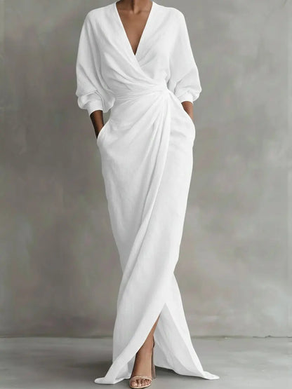 Women's Elegant Wrap Maxi Dress Long Sleeve V Neck Ruched Waist Split Evening Dress with Pockets