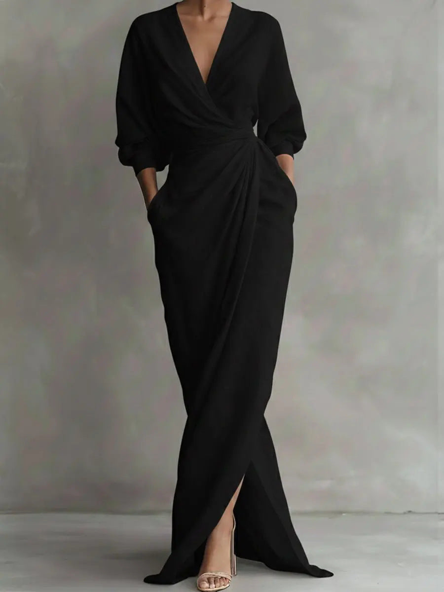Women's Elegant Wrap Maxi Dress Long Sleeve V Neck Ruched Waist Split Evening Dress with Pockets - Seldom Seen Styles