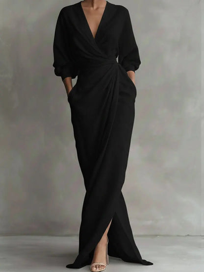Women's Elegant Wrap Maxi Dress Long Sleeve V Neck Ruched Waist Split Evening Dress with Pockets