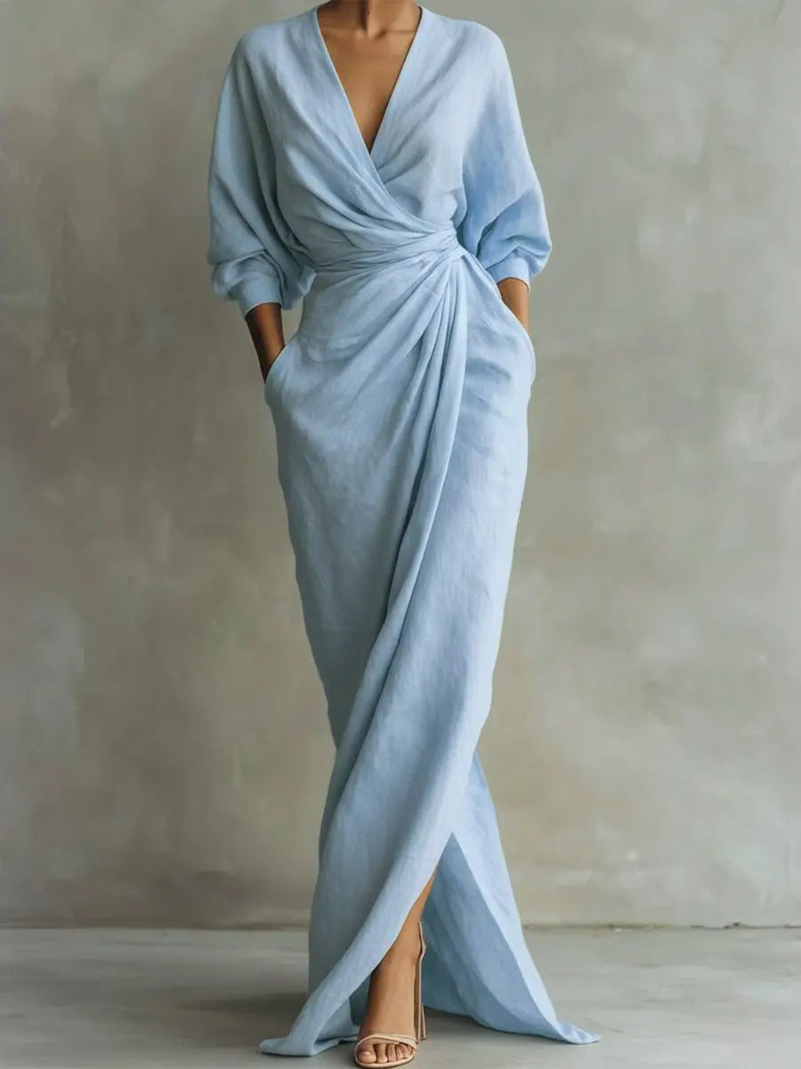 Women's Elegant Wrap Maxi Dress Long Sleeve V Neck Ruched Waist Split Evening Dress with Pockets - Seldom Seen Styles