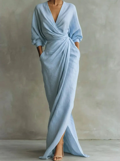 Women's Elegant Wrap Maxi Dress Long Sleeve V Neck Ruched Waist Split Evening Dress with Pockets