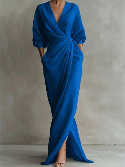 Women's Elegant Wrap Maxi Dress Long Sleeve V Neck Ruched Waist Split Evening Dress with Pockets