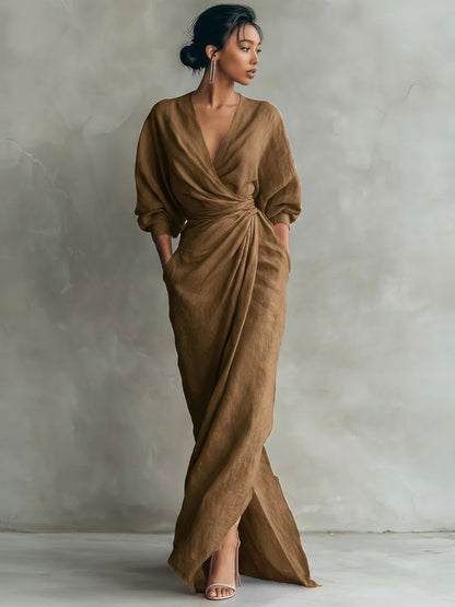 Women's Elegant Wrap Maxi Dress Long Sleeve V Neck Ruched Waist Split Evening Dress with Pockets
