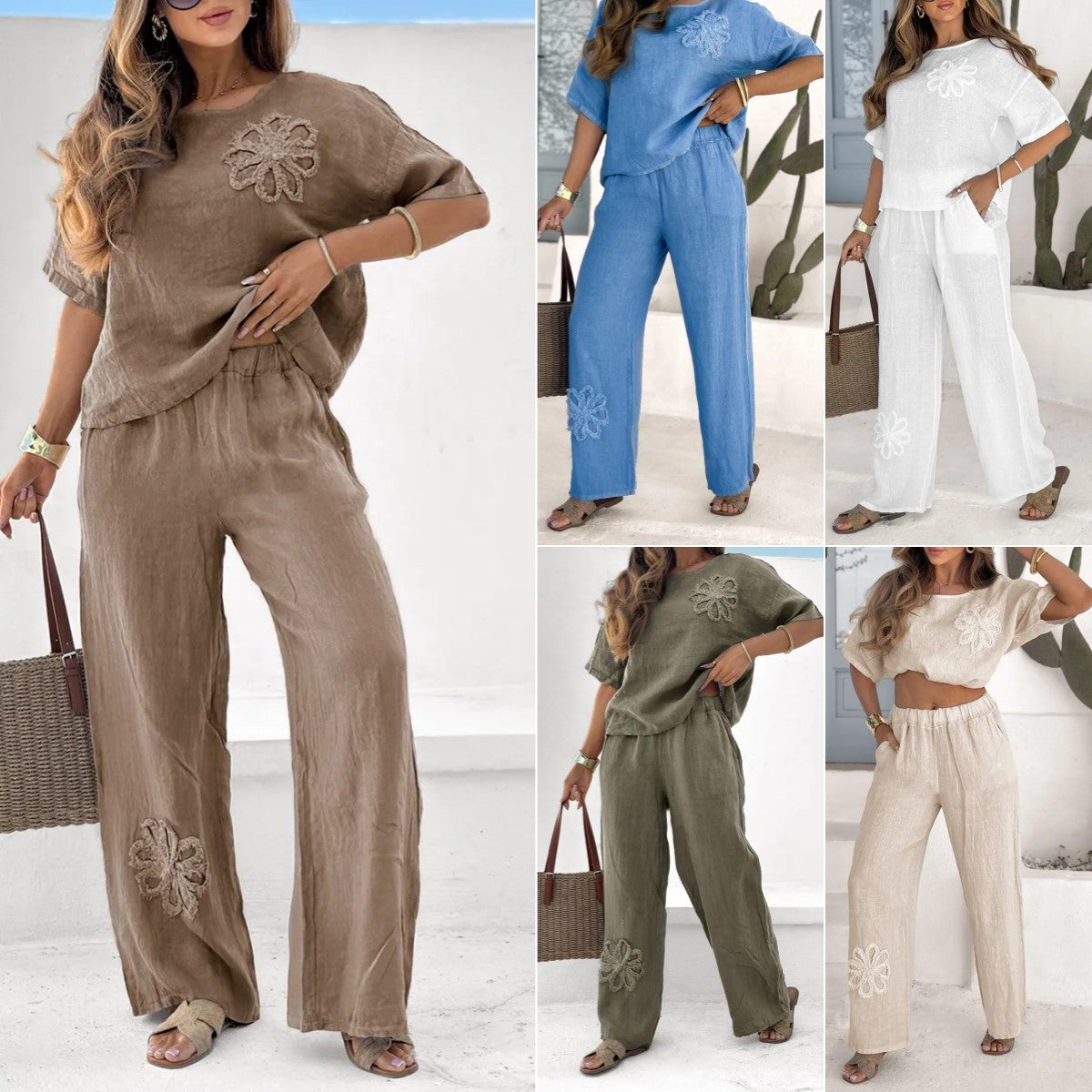 Women's Embroidered Linen Blend Two Piece Set Relaxed Short Sleeve Top and Wide Leg Pants Casual Matching Outfit - Seldom Seen Styles