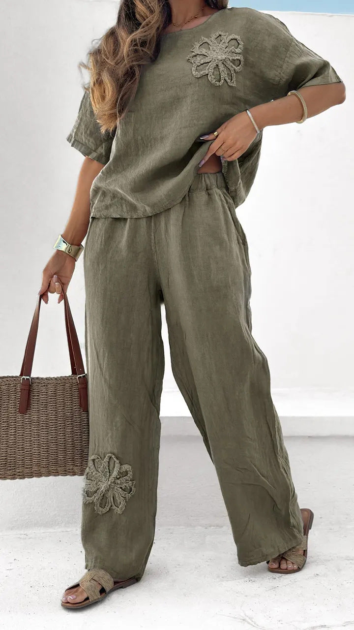 Women's Embroidered Linen Blend Two Piece Set Relaxed Short Sleeve Top and Wide Leg Pants Casual Matching Outfit - Seldom Seen Styles