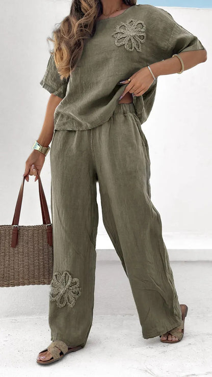 Women's Embroidered Linen Blend Two Piece Set Relaxed Short Sleeve Top and Wide Leg Pants Casual Matching Outfit