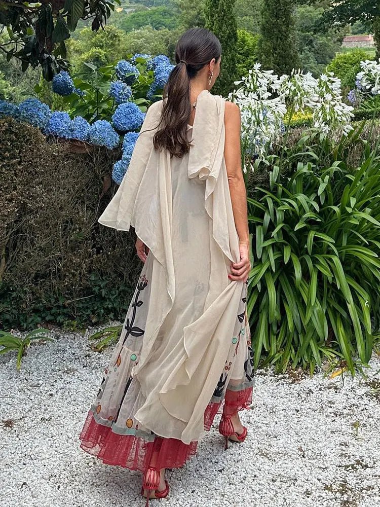 Women's Embroidered Mesh Maxi Dress Ruffle Hem Strapless Vacation Boho Evening Dress - Seldom Seen Styles