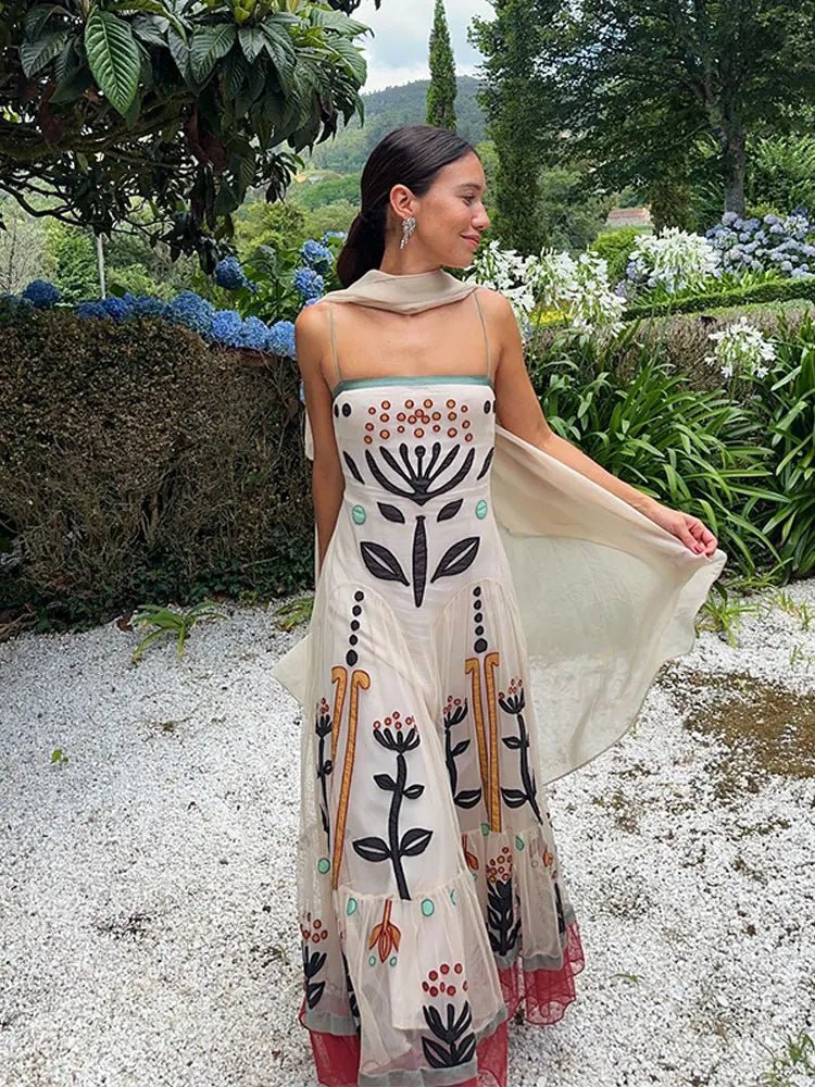 Women's Embroidered Mesh Maxi Dress Ruffle Hem Strapless Vacation Boho Evening Dress - Seldom Seen Styles