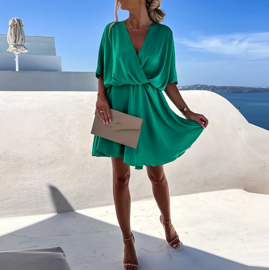 Women's Emerald Green Wrap Mini Dress Elegant V Neck Loose Vacation Party Dress - Seldom Seen Styles