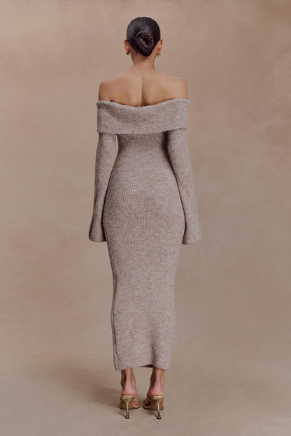 Damen Herbst schulterfreies Pulloverkleid 2025 mit Glockenärmeln, geripptes Strickkleid, figurbetontes formelles Maxikleid