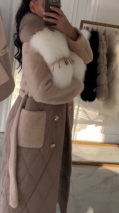 Damen Herbst Winter Mantel Eleganter Trenchcoat mit Reverskragen, Einreiher und abnehmbarem Kunstfellkragen