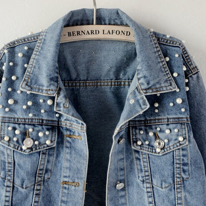 Women's Fashion Loose Embroidered Pearls Beading Cropped Denim Jacket Jean Coat