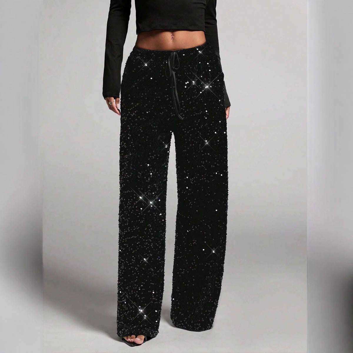 Women's Fashion Pants with Elastic Waistband, Bow Tie Design, Sequins Detailing, Stylish Long Trousers for Casual Wear - Seldom Seen Styles