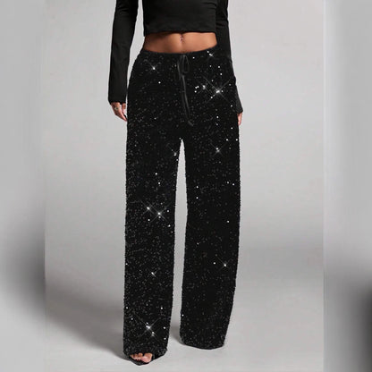 Damenmodehosen mit elastischem Bund, Schleifendesign, Paillettendetails, stylische lange Hosen für die Freizeit