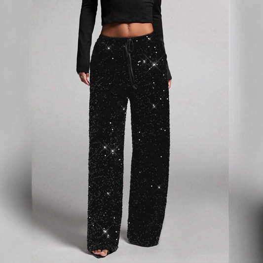 Women's Fashion Pants with Elastic Waistband, Bow Tie Design, Sequins Detailing, Stylish Long Trousers for Casual Wear - Seldom Seen Styles