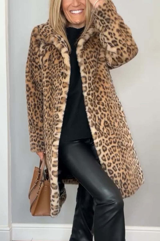 Women's Fashionable Leopard Lapel Faux Fur Winter Mid-Length Coat - Seldom Seen Styles