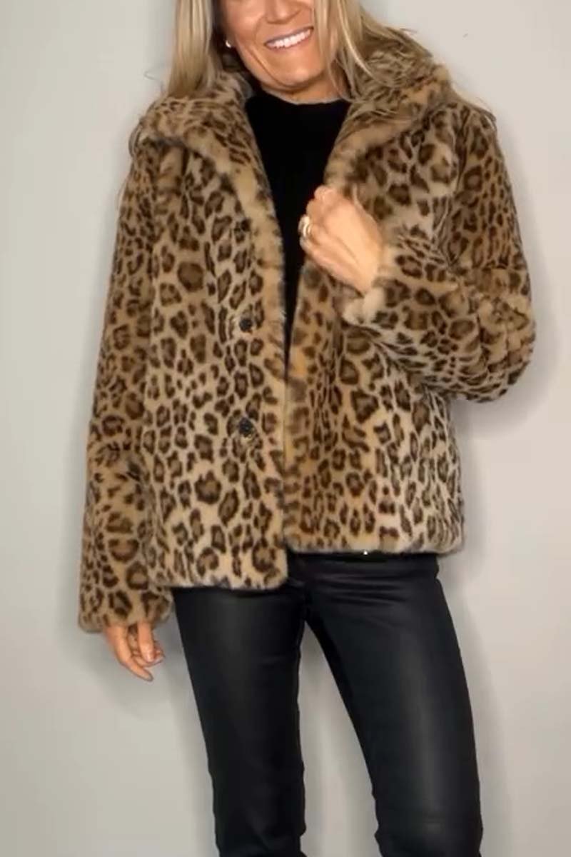 Women's Fashionable Leopard Print Lapel Faux Fur Winter Short Coat - Seldom Seen Styles
