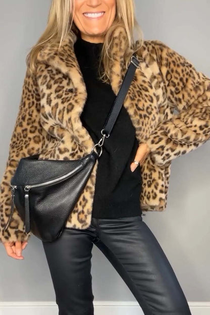 Manteau Court d'Hiver à Revers Imprimé Léopard en Fausse Fourrure pour Femmes