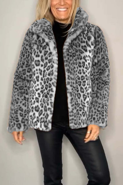 Manteau Court d'Hiver à Revers Imprimé Léopard en Fausse Fourrure pour Femmes