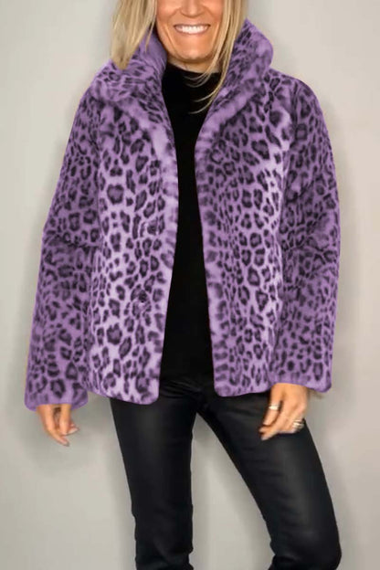 Manteau Court d'Hiver à Revers Imprimé Léopard en Fausse Fourrure pour Femmes