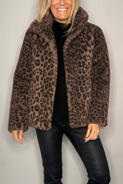 Manteau Court d'Hiver à Revers Imprimé Léopard en Fausse Fourrure pour Femmes