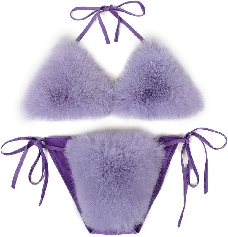 Women's Faux Fur Halter String Triangle Bikini Sets Two Piece Swimsuits - Seldom Seen Styles