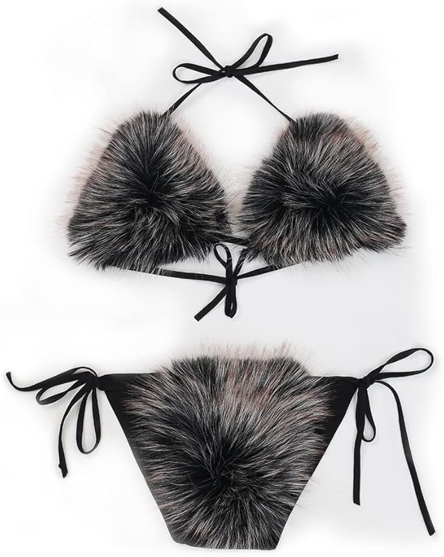 Women's Faux Fur Halter String Triangle Bikini Sets Two Piece Swimsuits - Seldom Seen Styles