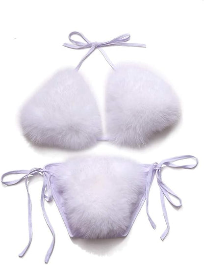 Women's Faux Fur Halter String Triangle Bikini Sets Two Piece Swimsuits