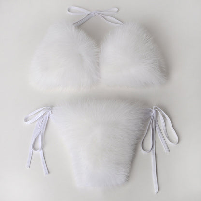 Women's Faux Fur Halter String Triangle Bikini Sets Two Piece Swimsuits