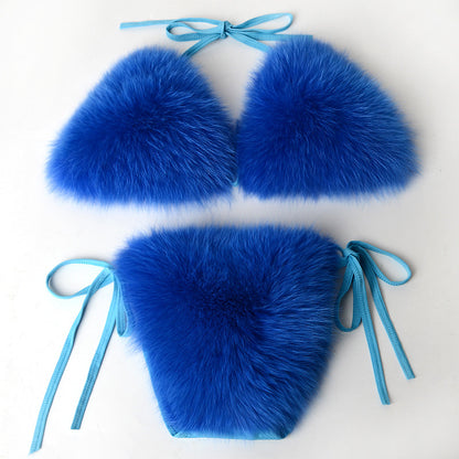 Women's Faux Fur Halter String Triangle Bikini Sets Two Piece Swimsuits