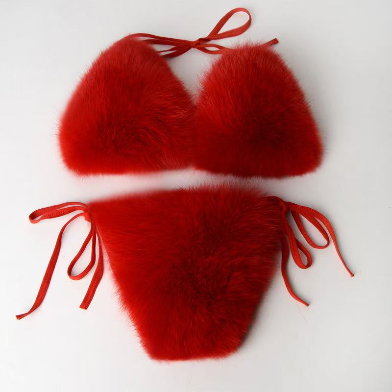 Women's Faux Fur Halter String Triangle Bikini Sets Two Piece Swimsuits - Seldom Seen Styles