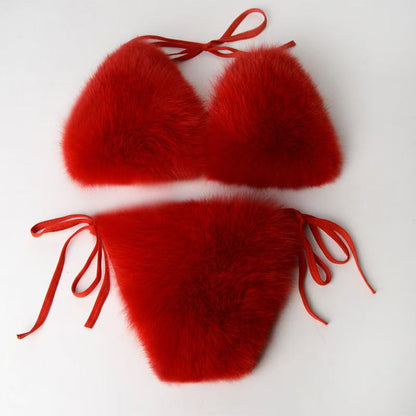 Women's Faux Fur Halter String Triangle Bikini Sets Two Piece Swimsuits