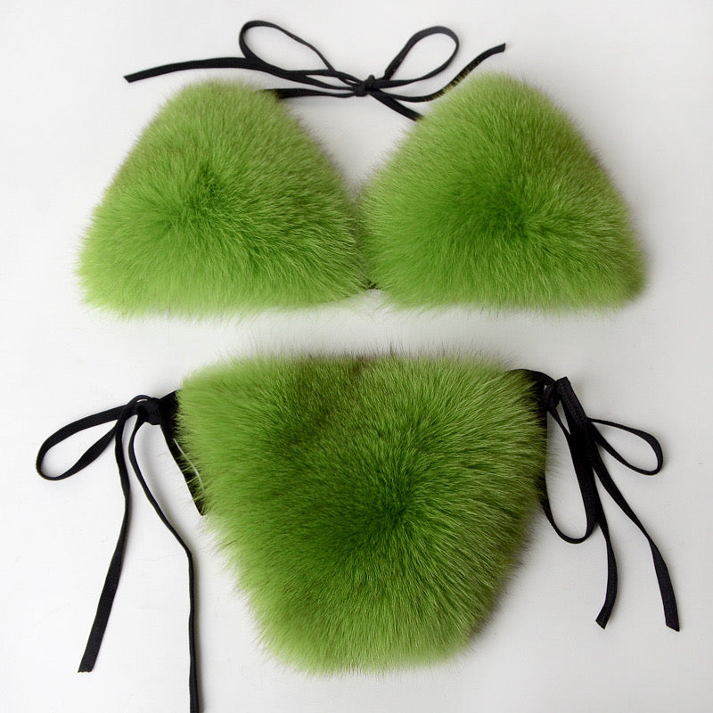 Women's Faux Fur Halter String Triangle Bikini Sets Two Piece Swimsuits - Seldom Seen Styles