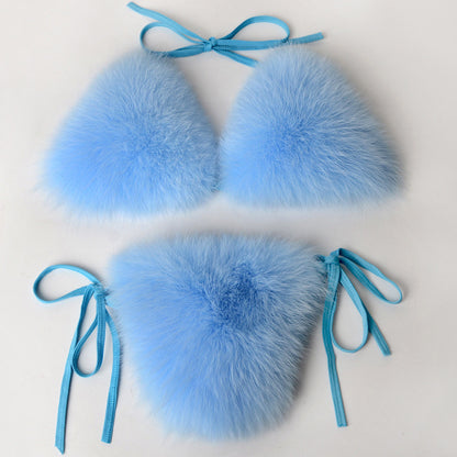 Women's Faux Fur Halter String Triangle Bikini Sets Two Piece Swimsuits