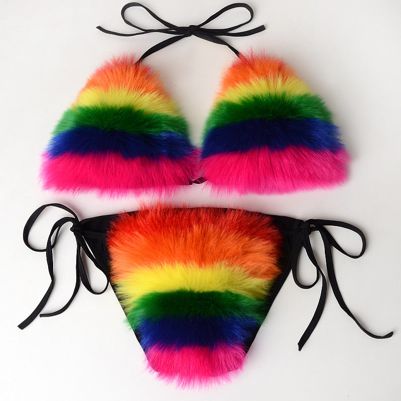 Women's Faux Fur Halter String Triangle Bikini Sets Two Piece Swimsuits - Seldom Seen Styles