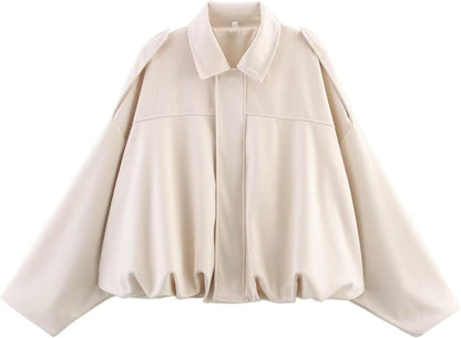 Damen Bomberjacke aus Wildlederimitat Frühling Revers Pilotenjacke Lässig Oversized Langarm Trendige Streetwear Oberbekleidung