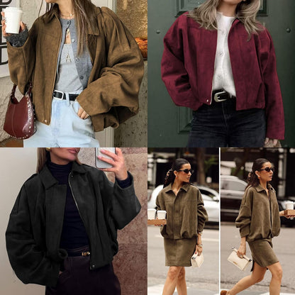 Damen Bomberjacke aus Wildlederimitat Frühling Revers Pilotenjacke Lässig Oversized Langarm Trendige Streetwear Oberbekleidung