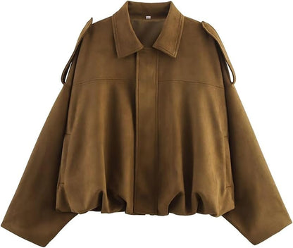 Damen Bomberjacke aus Wildlederimitat Frühling Revers Pilotenjacke Lässig Oversized Langarm Trendige Streetwear Oberbekleidung