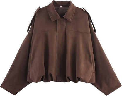Damen Bomberjacke aus Wildlederimitat Frühling Revers Pilotenjacke Lässig Oversized Langarm Trendige Streetwear Oberbekleidung