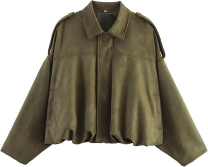 Damen Bomberjacke aus Wildlederimitat Frühling Revers Pilotenjacke Lässig Oversized Langarm Trendige Streetwear Oberbekleidung