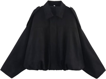 Damen Bomberjacke aus Wildlederimitat Frühling Revers Pilotenjacke Lässig Oversized Langarm Trendige Streetwear Oberbekleidung